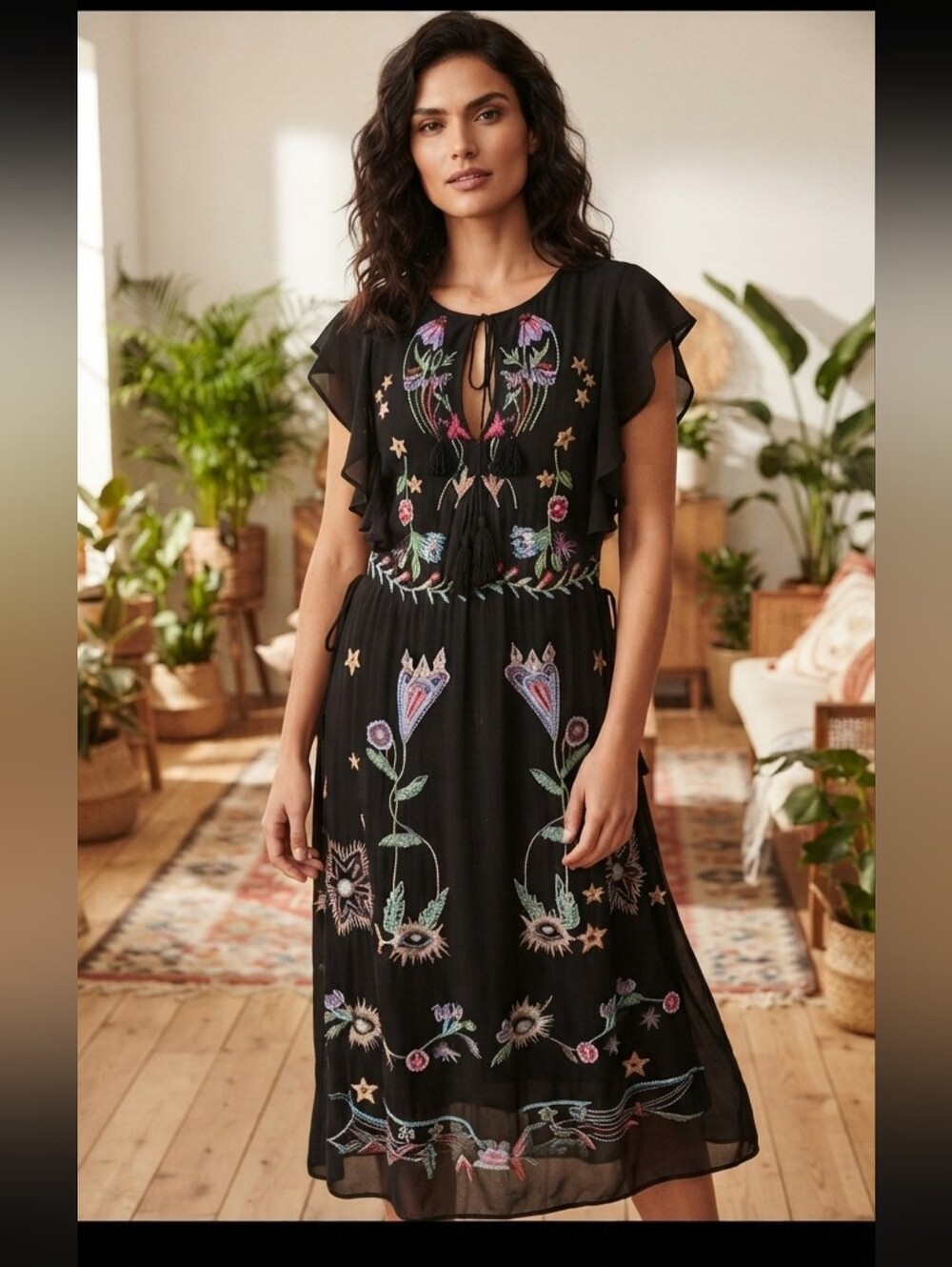 DESIGUAL Sandy Embroidered Boho Midi Dress Black Floral Ruffle Sleeve Beaded S